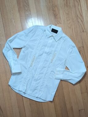 Simone Rocha White Long-Sleeve Embellished Pleat Dress Shirt